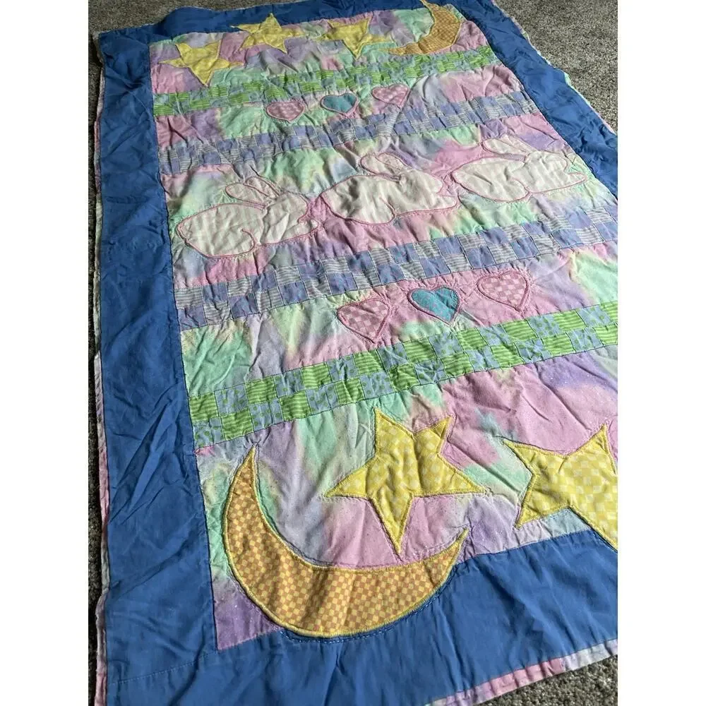 Vintage Whimsical Blanket Quilt Neon Colors Moon Stars Bunnies 47in X 31in